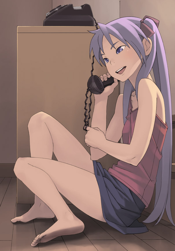 bare_legs, barefoot, blush, corded_phone, feet, flat_chest, go_robots, hair_ribbon