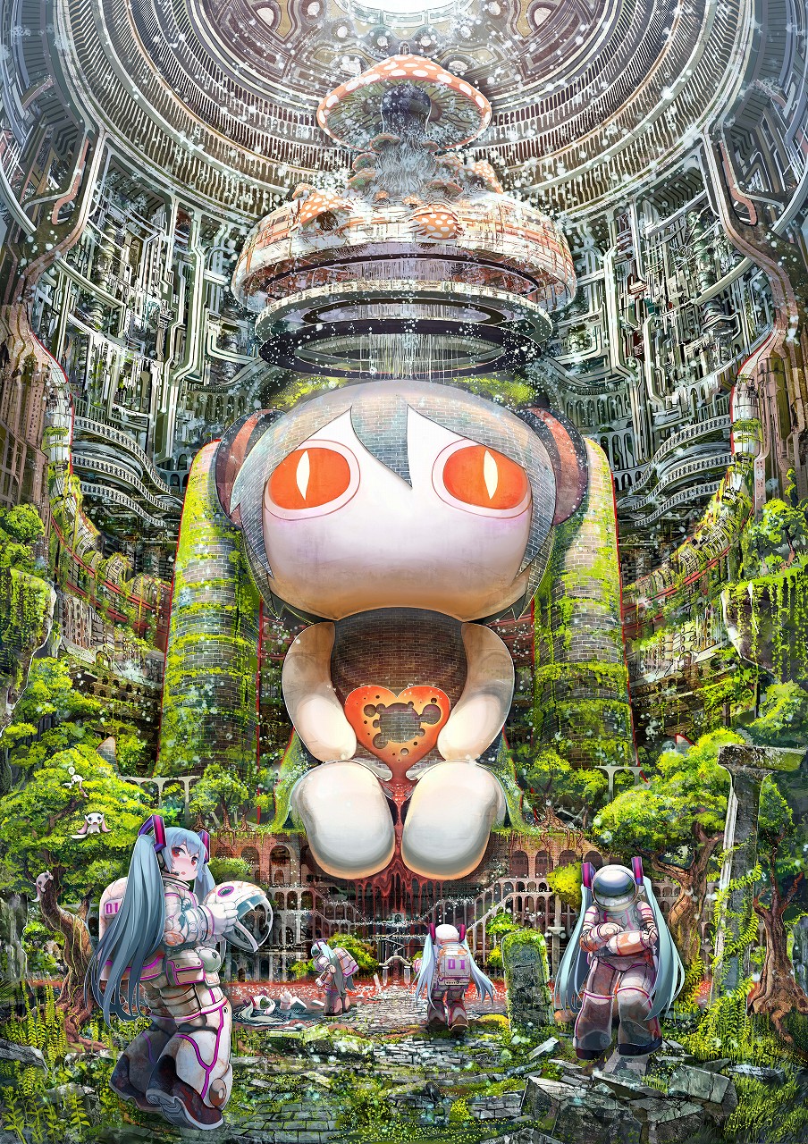 aimaina, astronaut, clone, hatsune_miku, highres, long_hair, multiple_girls, mushroom
