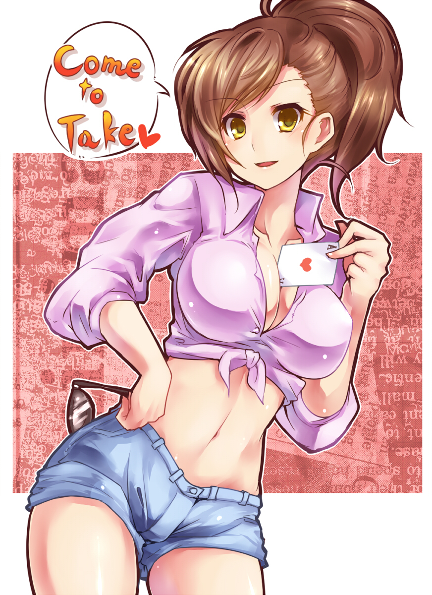 breasts, brown_hair, card, cleavage, engrish, highres, holding, idolmaster