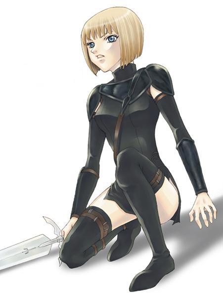 1girl, black_legwear, blue_eyes, bob_cut, boots, clare_(claymore), claymore, claymore_(sword), detached_sleeves, ichigowish, kneeling, pauldrons, short_hair, solo, sword, thigh-highs, thigh_boots, thigh_strap, thighhighs, vambraces, weapon