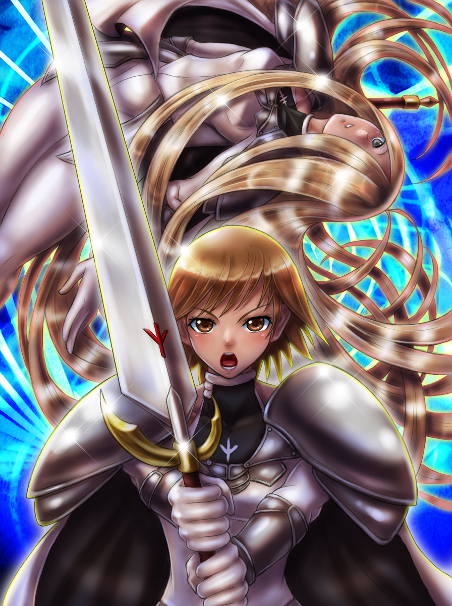 armor, blonde_hair, blue_eyes, boken_fantasy, brown_eyes, brown_hair, clarisse, claymore, claymore_(sword), full_armor, hair_over_one_eye, highres, long_hair, miata, multiple_girls, pauldrons, red_hair, redhead, short_hair, sword, very_long_hair, weapon