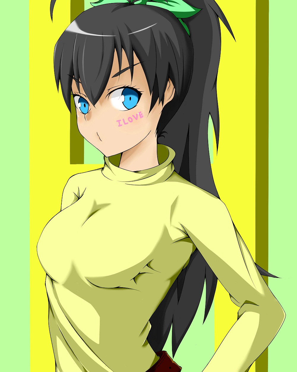 ahoge, black_hair, blue_eyes, body_writing, breasts, ganaha_hibiki, hair_ribbon, hand_on_hip