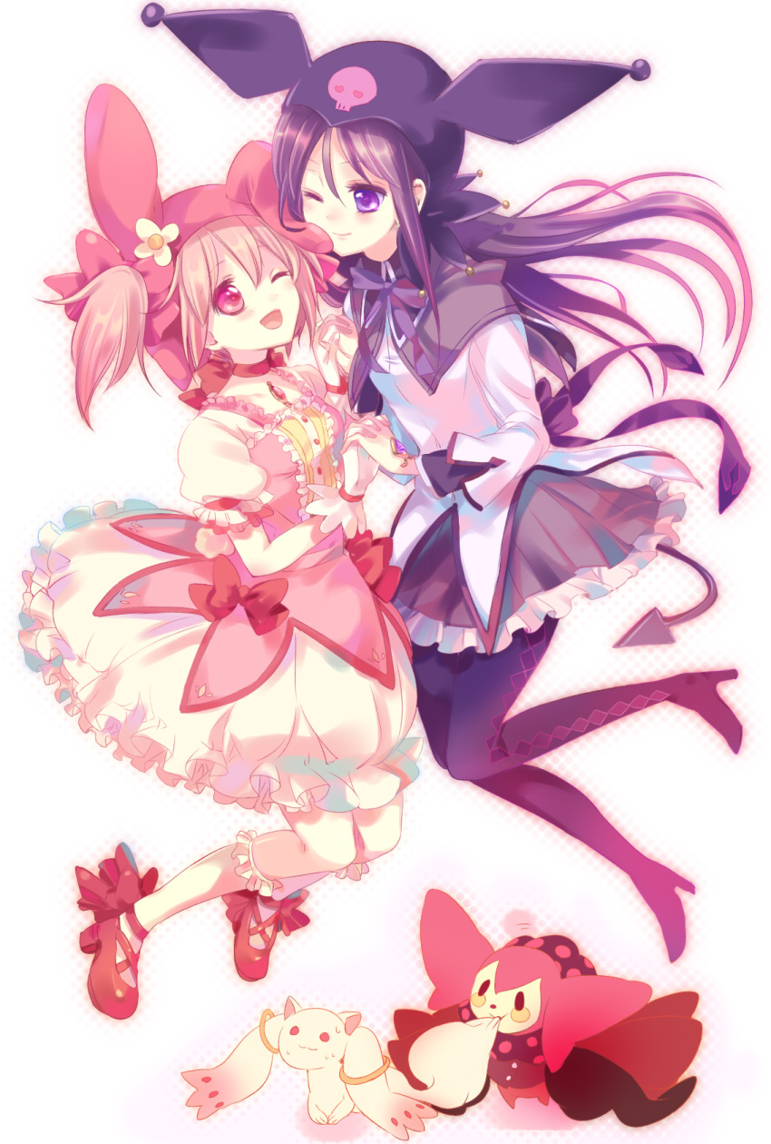akemi_homura, black_hair, bow, bubble_skirt, charlotte_(madoka_magica), choker, cosplay, gloves