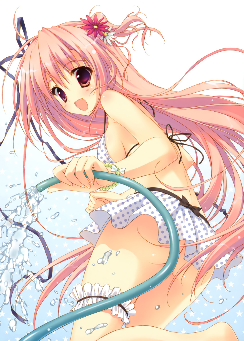 1girl, :d, absurdres, ass, bikini, bikini_skirt, bow, copyright_request, garters, hair_ornament, hair_ribbon, highres, hose, long_hair, open_mouth, pink_eyes, pink_hair, polka_dot, polka_dot_bikini, polka_dot_swimsuit, ribbon, ryouka_(suzuya), smile, swimsuit, very_long_hair, water