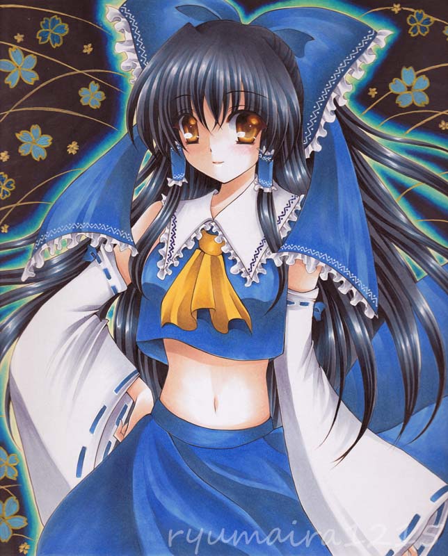 alternate_color, artist_name, ascot, aura, black_background, black_hair, bow, cherry_blossoms