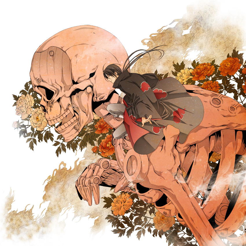 akatsuki_(naruto), black_hair, cloak, coat, flower, forehead_protector, kunai, long_hair