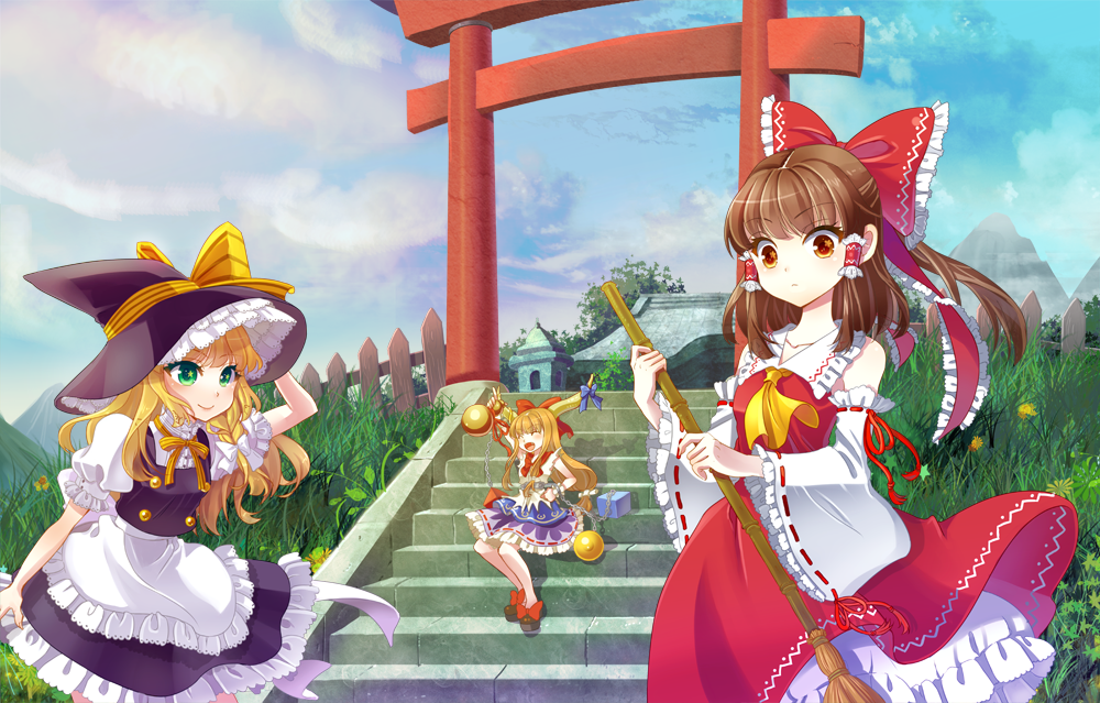 :o, apron, arm_up, bamboo_broom, blonde_hair, blue_sky, bow, braid