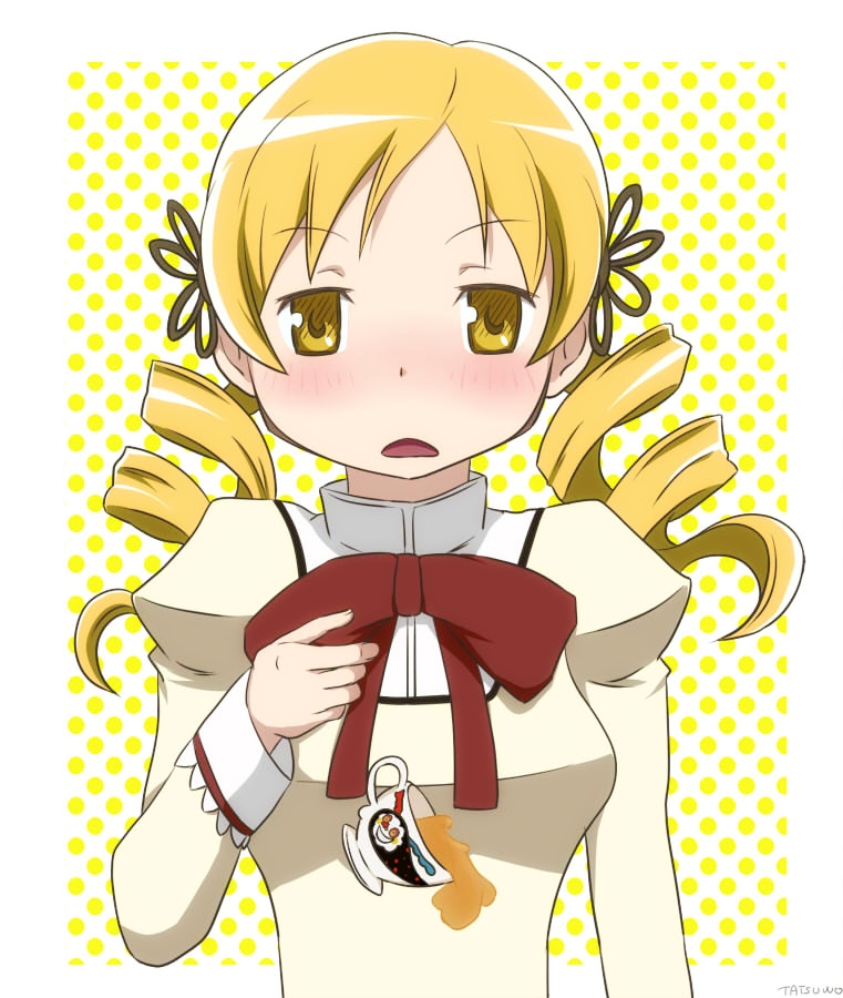 blonde_hair, blush, charlotte_(madoka_magica), cup, drill_hair, hair_ornament, mahou_shoujo_madoka_magica, official_style