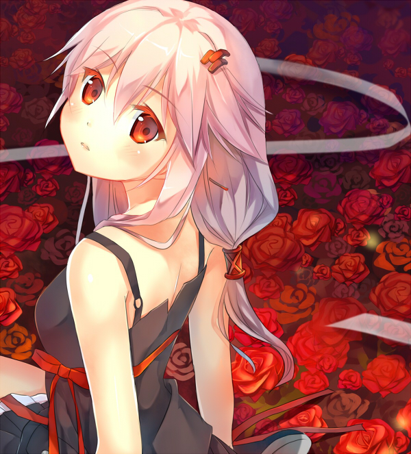 artist_request, dress, flower, guilty_crown, hair_ornament, looking_at_viewer, looking_back, open_mouth, orange_eyes, pink_hair, ribbon, rose, sitting, xinta, yuzuriha_inori
