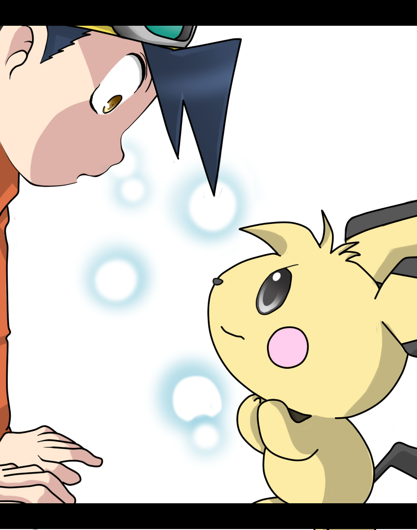 1boy, bad_id, eye_contact, gold_(pokemon), hairy_pichu, hat, pichu, pokemon