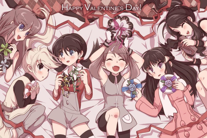6+girls, atom_(@tom), bed, black_hair, blonde_hair, blue_(pokemon), blush, brown_hair