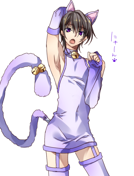 animal_ears, armpits, brown_hair, cat_ears, code_geass, crossdressinging, elbow_gloves, gloves, lelouch_lamperouge, male, purple_eyes, solo, tail, touya_(artist), violet_eyes