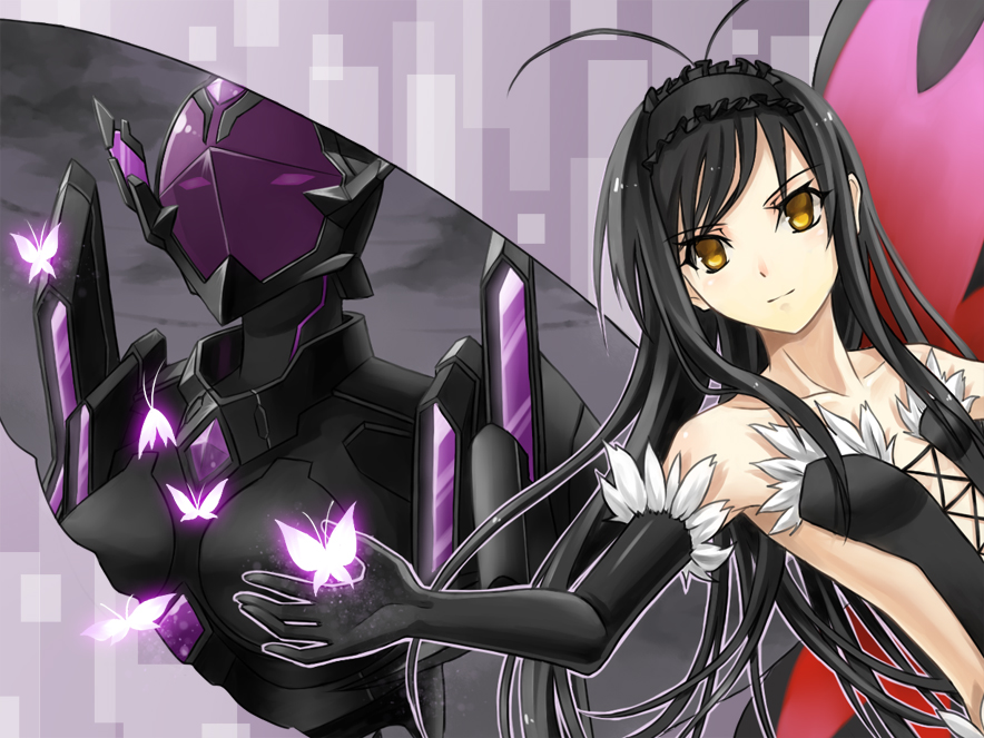 antenna_hair, bare_shoulders, black_hair, black_lotus_(accel_world), butterfly, butterfly_wings, cross_akiha, dress
