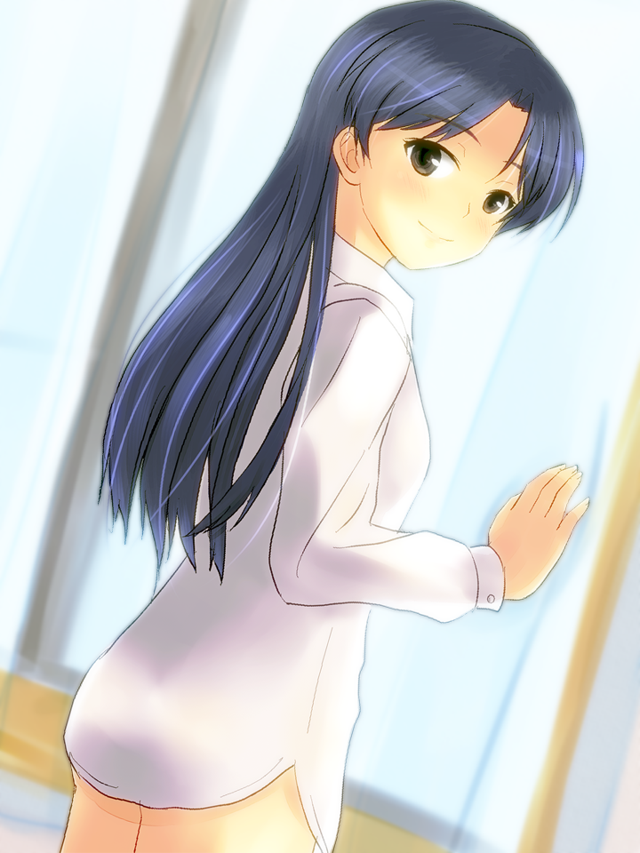 blue_hair, blush, brown_eyes, from_behind, idolmaster, kisaragi_chihaya, long_hair, looking_back