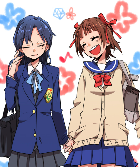 amami_haruka, bag, blazer, blue_hair, brown_hair, cardigan, closed_eyes, eyes_closed