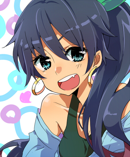 :d, black_hair, blue_eyes, close-up, earrings, fang, ganaha_hibiki, hoop_earrings