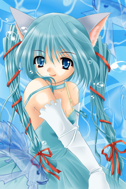animal_ears, anyu, blue_eyes, blue_hair, bubble, cat_ears, choker, copyright_request, dress, elbow_gloves, fish, gloves, long_hair, ribbon, sleeveless, sleeveless_dress, smile, solo, twintails