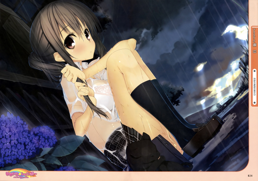 absurdres, black_legwear, bra, breasts, brown_eyes, brown_hair, cat, copyright_request