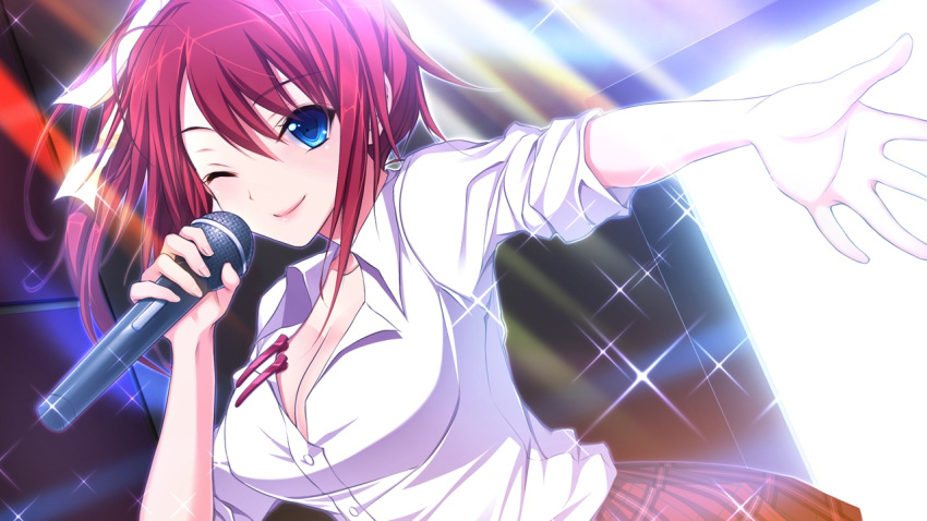 blue_eyes, breasts, cleavage, game_cg, hatsukoi_1/1, makino_subaru, microphone, open_shirt