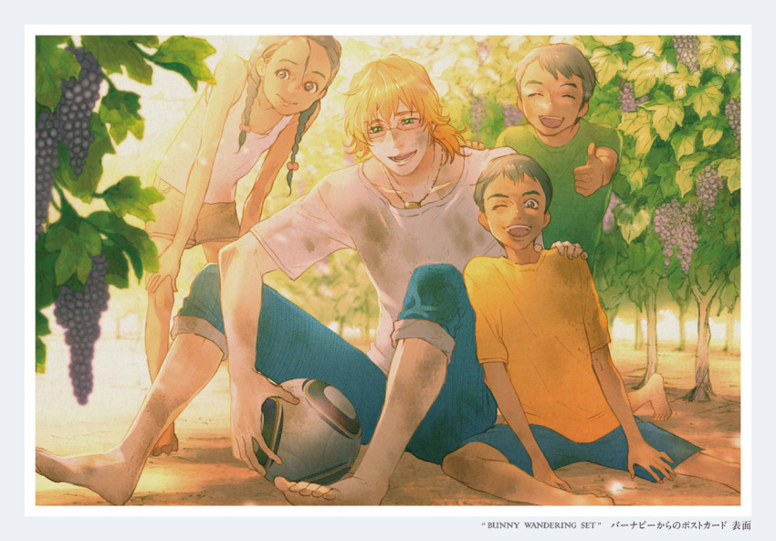 3boys, ball, barefoot, barnaby_brooks_jr, blonde_hair, braid, brown_hair, food
