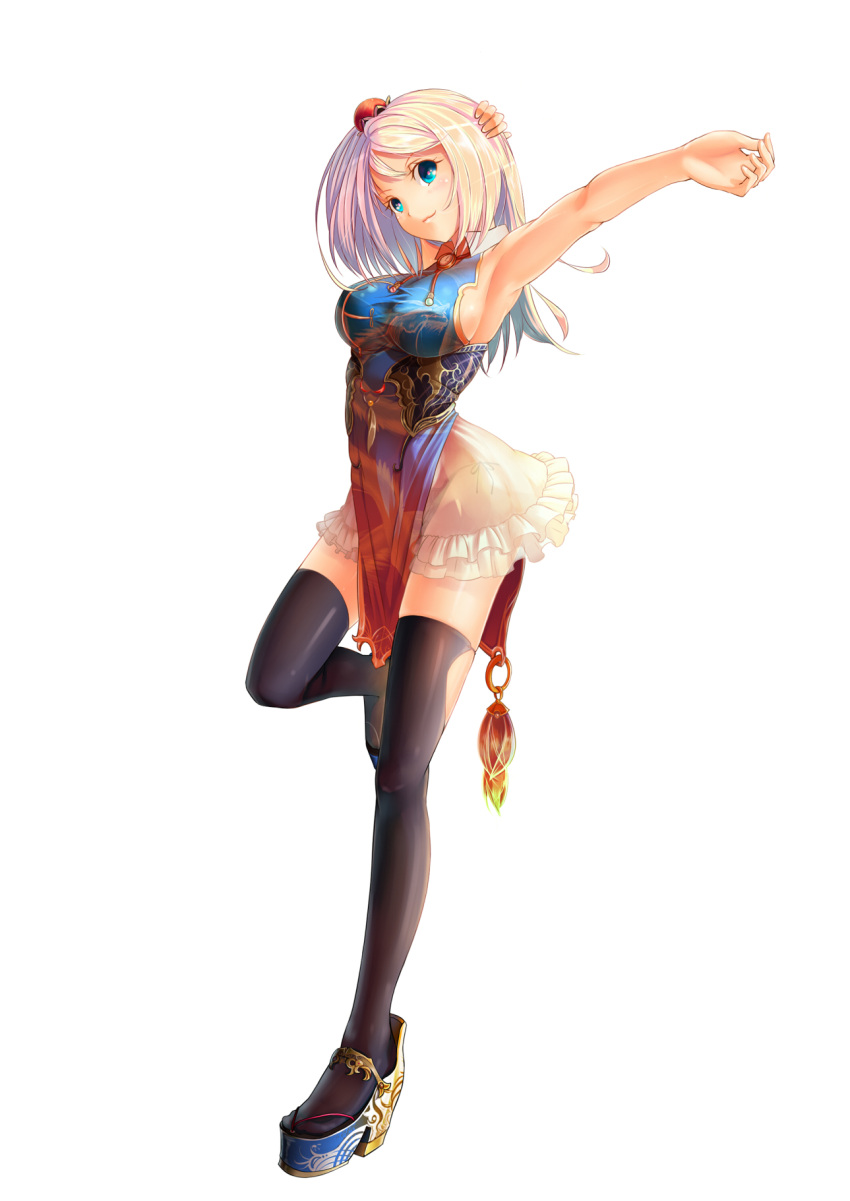 1girl, armpits, black_legwear, blue_eyes, breasts, china_dress, chinese_clothes, hair_ornament, highres, large_breasts, legs, long_legs, original, outstretched_arm, panties, platform_footwear, shiny, shiny_skin, side-tie_panties, sideboob, silver_hair, simple_background, skindentation, smile, solo, soratobuiltusa, taut_shirt, thighhighs, thighs, underwear, white_background