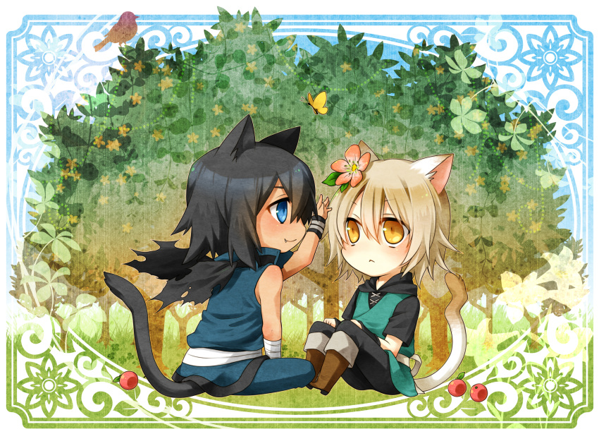 :<, animal_ears, asato_(lamento), bird, black_hair, blonde_hair, blue_hair, butterfly