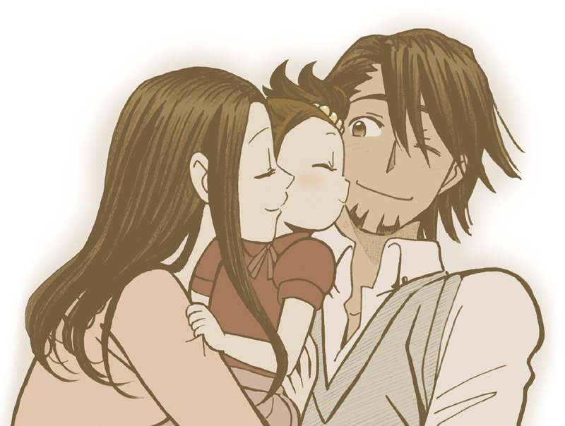 2girls, age_difference, brown, brown_eyes, brown_hair, facial_hair, family, father_and_daughter, haruta_(h-oh), kaburagi_kaede, kaburagi_t_kotetsu, kaburagi_tomoe, long_hair, multiple_girls, stubble, tiger_&amp;_bunny, vest, waistcoat, wink, young