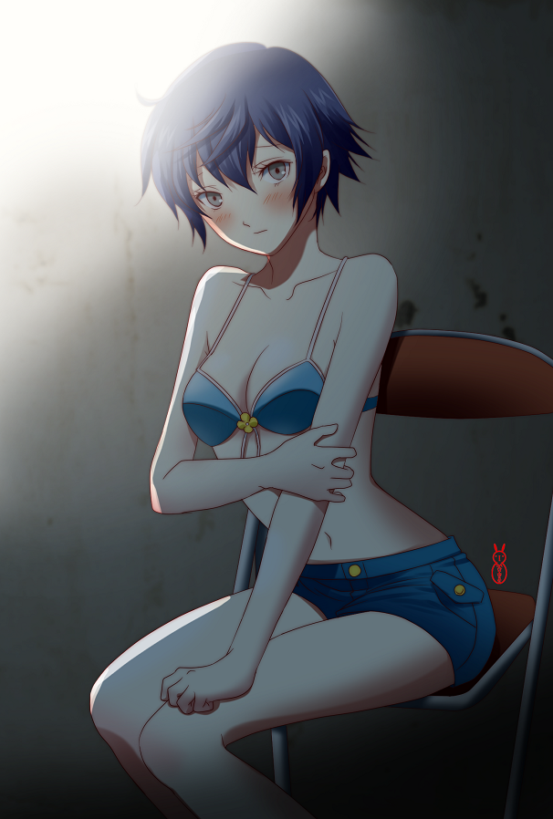 bare_shoulders, bikini_top, blue_eyes, blue_hair, blush, breasts, cleavage, denim, denim_shorts, grey_eyes, hips, looking_at_viewer, machinosuke, midriff, navel, persona, persona_4, shirogane_naoto, short_hair, shorts, shy, sitting, solo