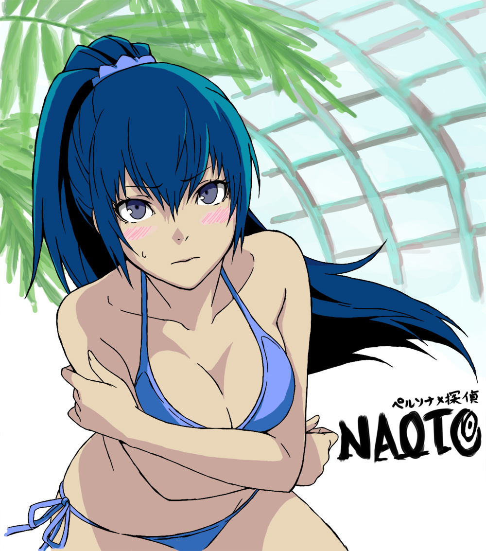 alternate_hair_length, alternate_hairstyle, bent_over, bikini, blue_eyes, blue_hair, blush, breasts