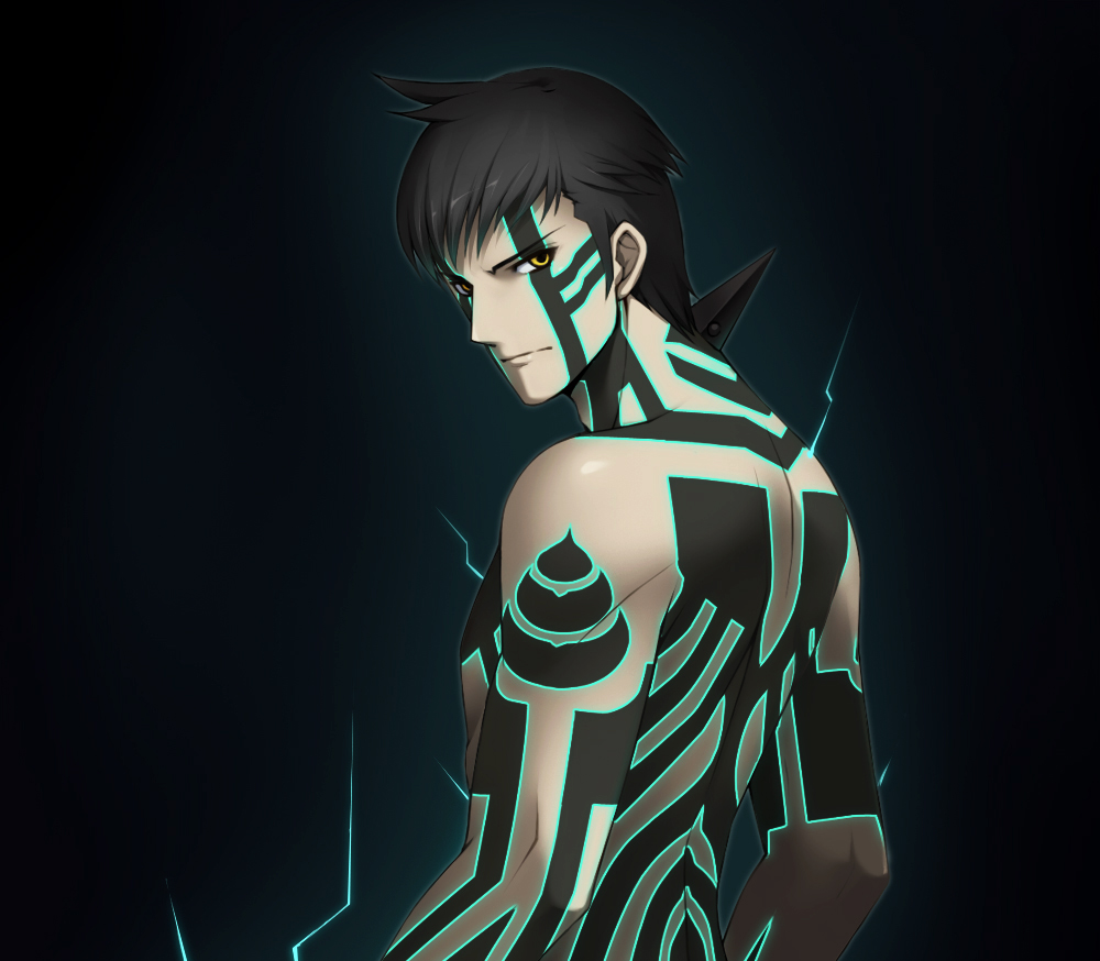 black_hair, cygnus_(artist), full_body_tattoo, hitoshura, looking_back, male, neon_trim, shin_megami_tensei