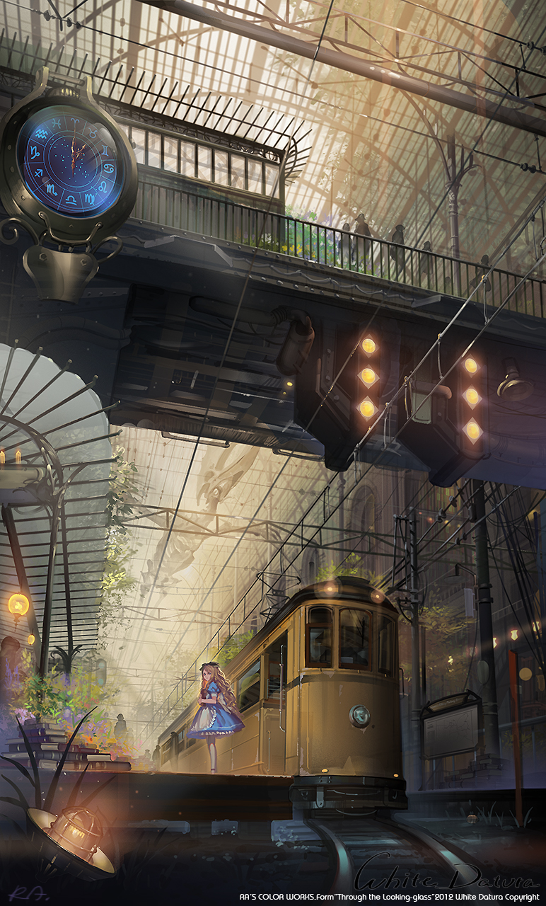 alice_(wonderland), alice_in_wonderland, alphonse_(white_datura), apron, artist_name, blonde_hair, blue_dress, book