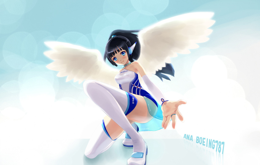 angel_wings, black_hair, blue_eyes, boeing_787, copyright_request, foreshortening, kneeling, long_hair