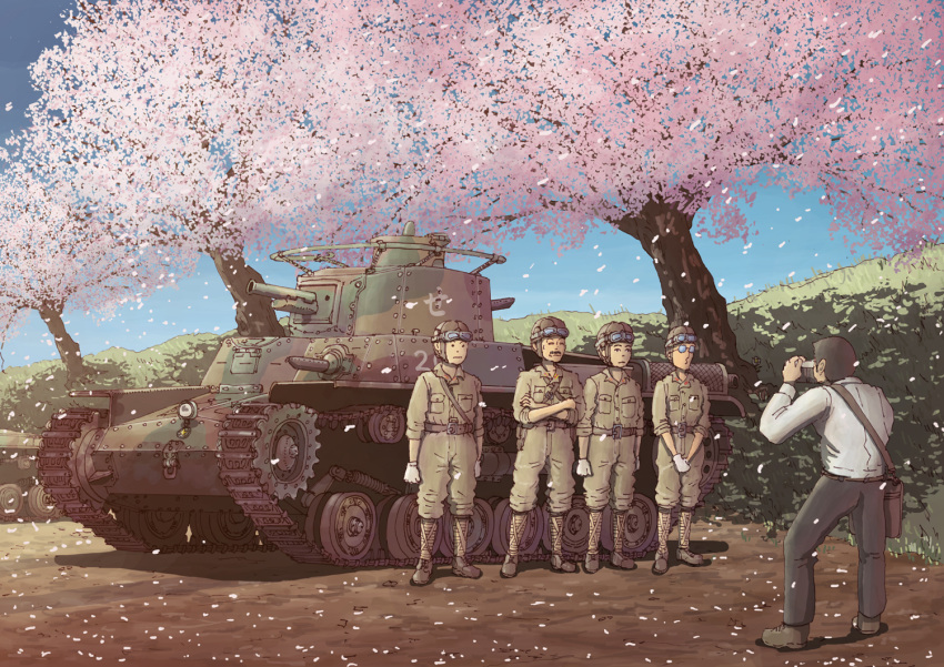bag, camera, caterpillar_tracks, cherry_blossoms, earasensha, glasses, goggles, male