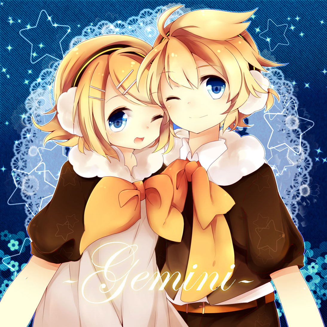 1boy, 1girl, blonde_hair, blue_eyes, brother_and_sister, earmuffs, gemini_(vocaloid), hair_ornament