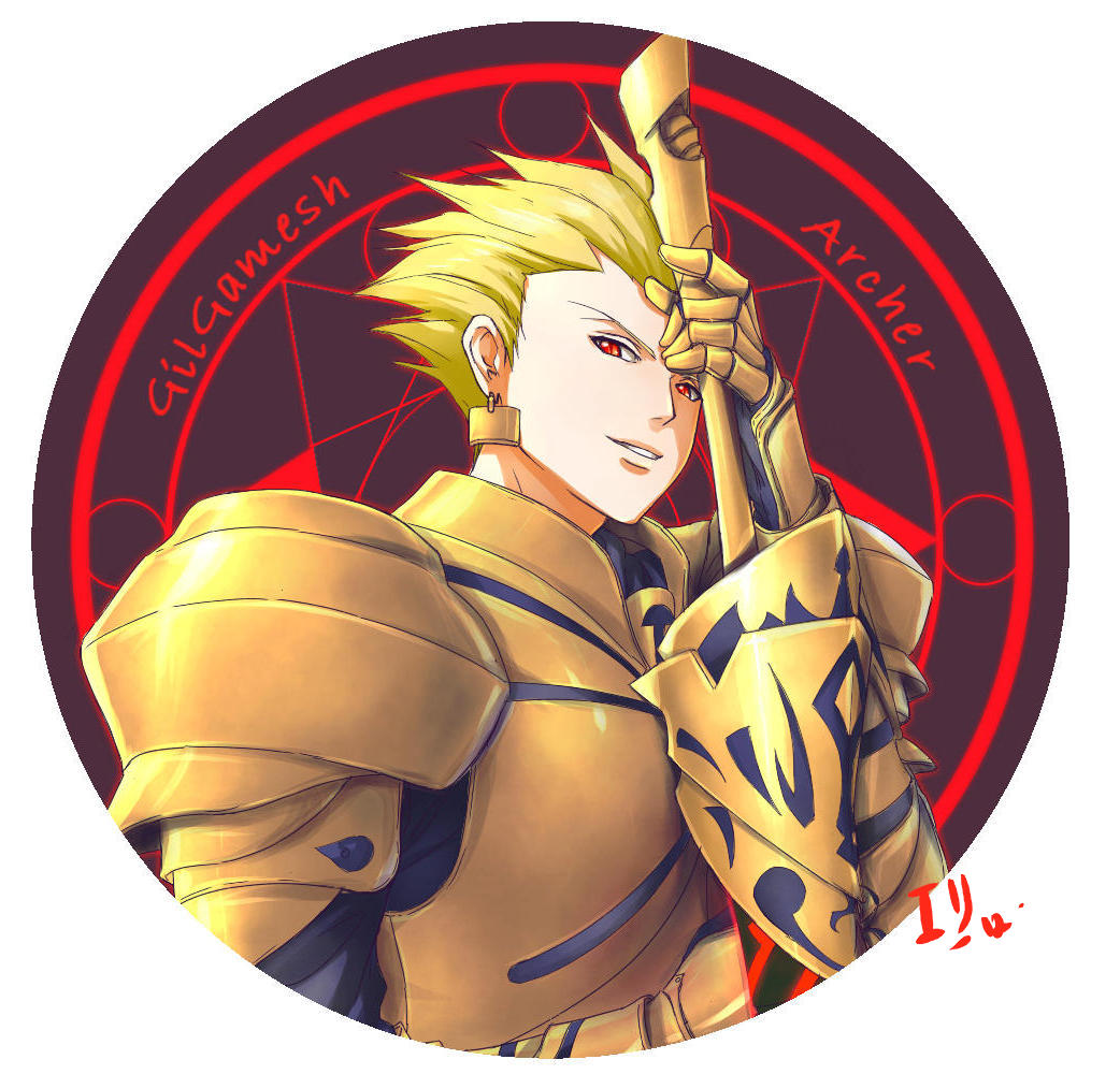 1boy, armor, blonde_hair, character_name, dewitri, ea_(fate/stay_night), earrings, fate/stay_night, fate_(series), gilgamesh, jewelry, magic_circle, red_eyes, solo, weapon