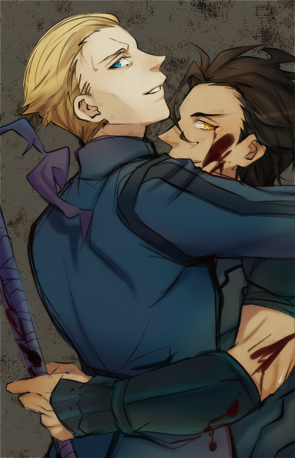 ahoge, black_hair, blonde_hair, blood, blue_eyes, canislatrans, fate/zero, fate_(series)