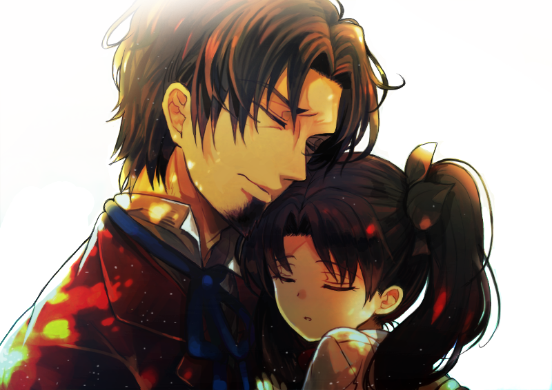 1girl, age_difference, aya_tori, brown_hair, child, closed_eyes, eyes_closed, facial_hair