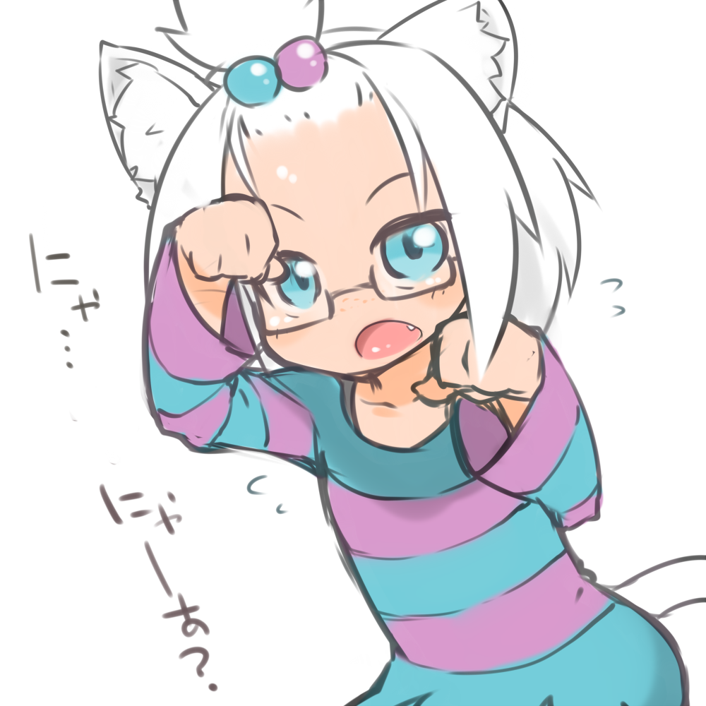 animal_ears, bespectacled, blue_eyes, cat_ears, cat_tail, dress, fang, flying_sweatdrops
