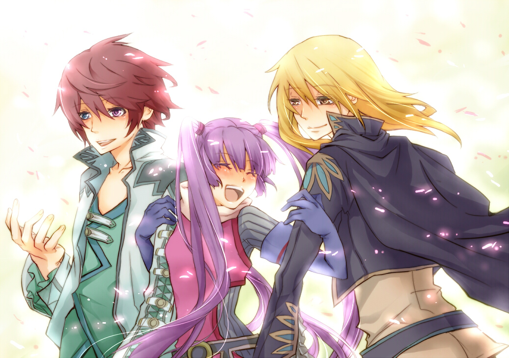 2boys, asbel_lhant, blonde_hair, blue_eyes, brown_hair, cape, heterochromia, keika
