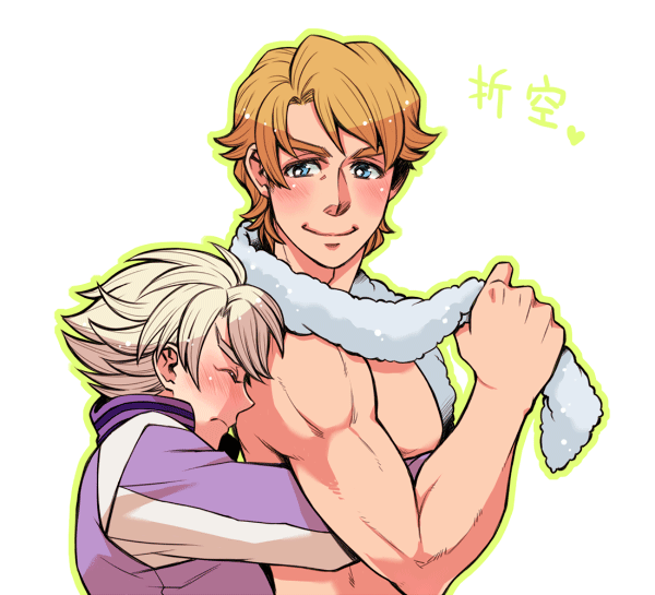 blonde_hair, blue_eyes, hug, hug_from_behind, ivan_karelin, jacket, keith_goodman, letterman_jacket, male, multiple_boys, outline, purple_jacket, sima_nozomu, tiger_&amp;_bunny, towel