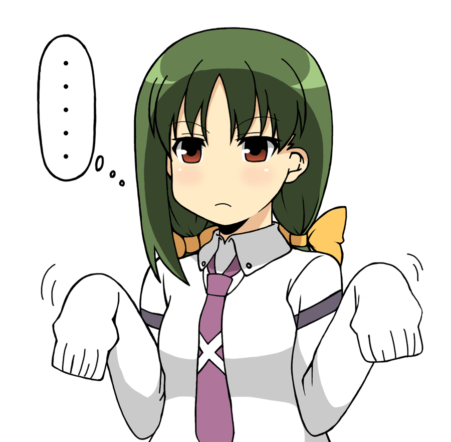 blush, brown_eyes, frown, green_hair, long_hair, long_sleeves, necktie, raiexcat