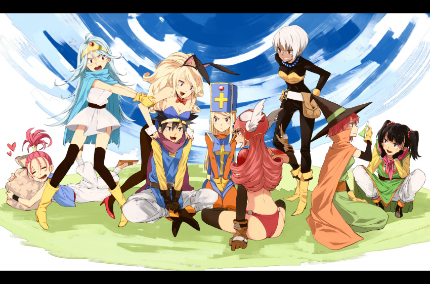6+girls, angry, arm_grab, armor, bag, bikini_armor, black_hair, blonde_hair