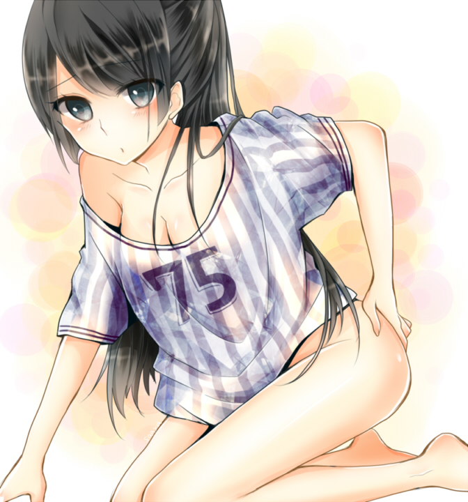 bad_id, barefoot, baseball_jersey, black_hair, blue_eyes, blush, bottomless, breasts