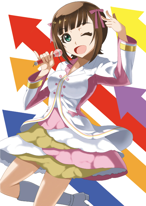;d, amami_haruka, azuma_reiharu, brown_hair, green_eyes, hair_ribbon, idolmaster, microphone