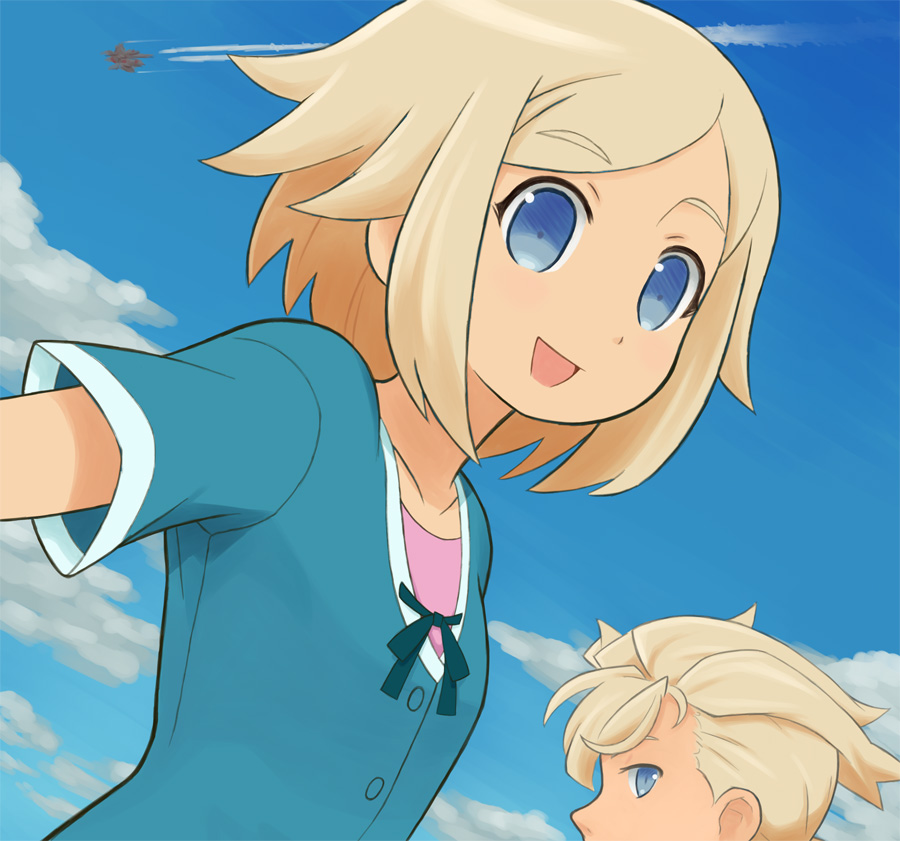 1girl, asemu_asuno, blonde_hair, blue_eyes, blue_sky, brother_and_sister, cloud, clouds