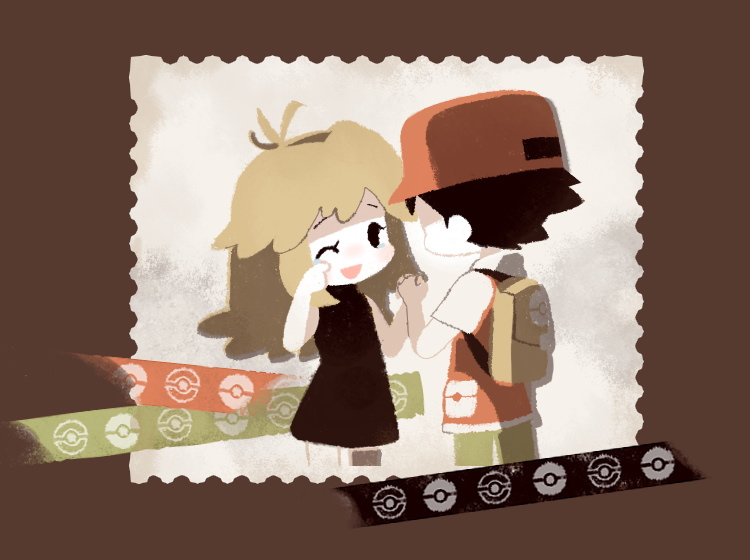 1girl, backpack, bag, baseball_cap, black_dress, black_hair, blue_(pokemon), blue_(pokemon)_(classic), brown_background, brown_hair, dress, hand_holding, hat, holding_hands, long_hair, milkpeachi, pokemon, pokemon_(game), pokemon_rgby, red_(pokemon), red_(pokemon)_(classic), tears