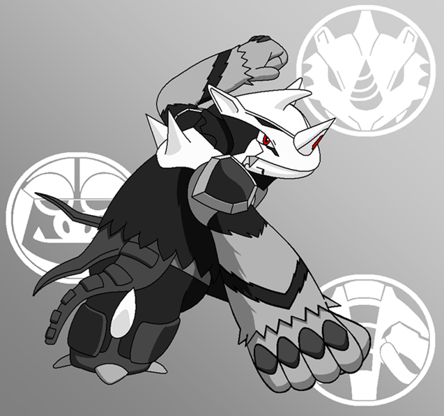 drill, fang, horn, kamen_rider, kamen_rider_ooo_(series), no_humans, pokemon, red_eyes