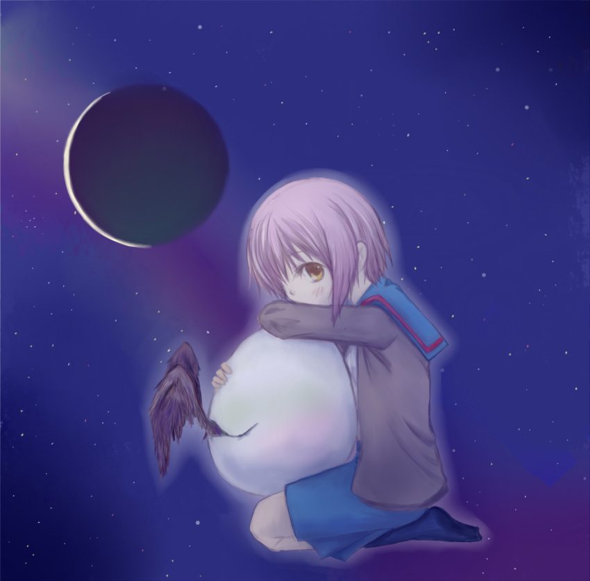 egg, grey_hair, highres, komochi_shishamo, moon, nagato_yuki, school_uniform, serafuku