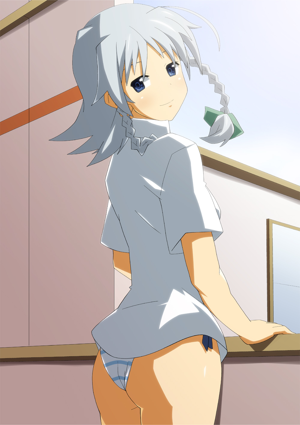 ass, blue_eyes, braid, hair_ribbon, highres, izayoi_sakuya, no_pants, panties