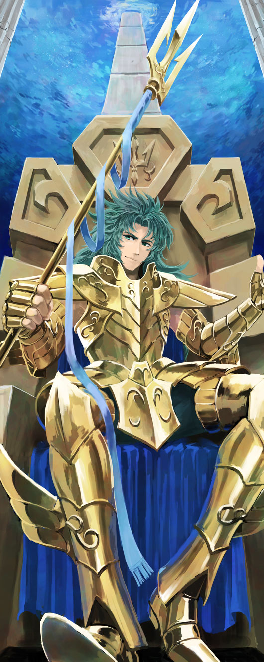 armor, blue_eyes, blue_hair, cape, full_armor, gemini_kanon, highres, ianu, long_hair, male, polearm, saint_seiya, sea_dragon_kanon, sitting, solo, throne, trident, weapon